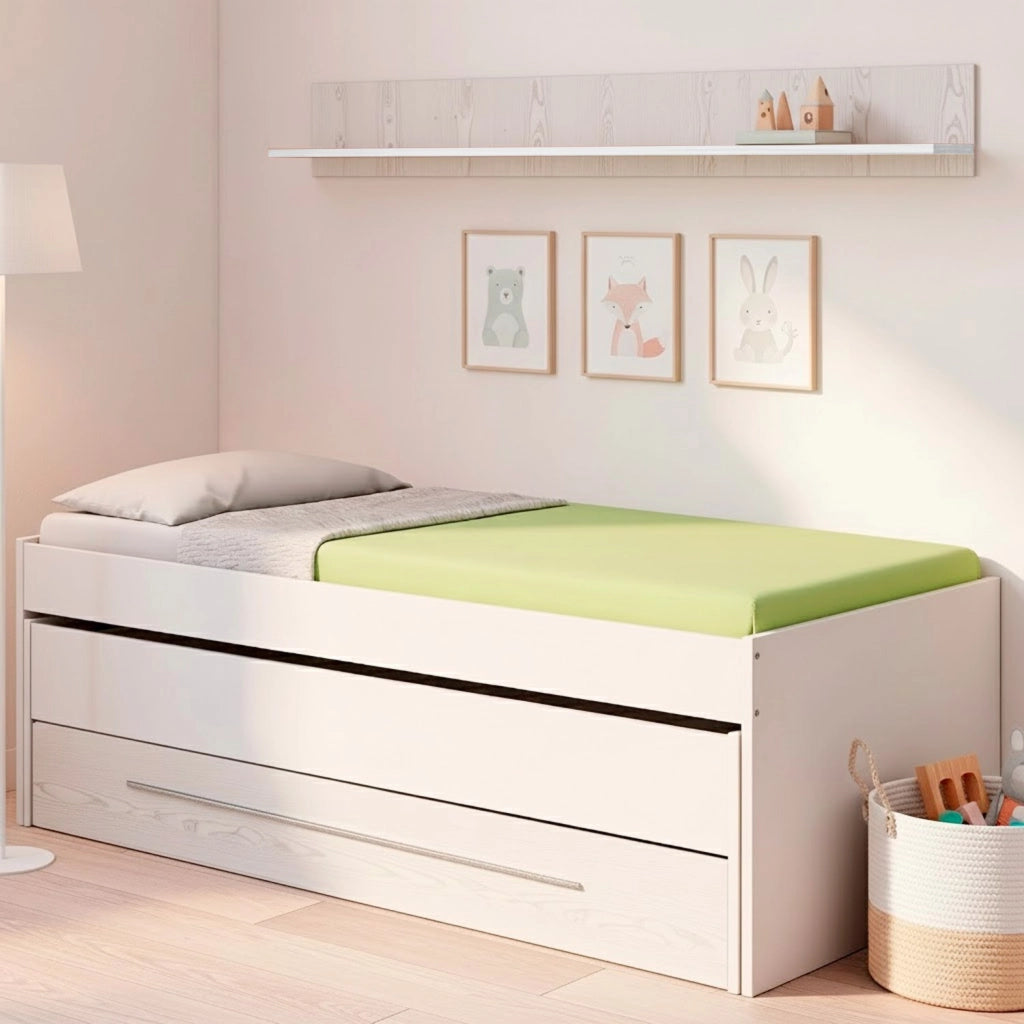 Letto Estraibile Con Cassetto Integrato E Mensola Design Nordico Ideale Per Camerette Piccole Pratico Robusto E Funzionale 65 × 199 × 96 Cm Bianco E Bianco Effetto Legno