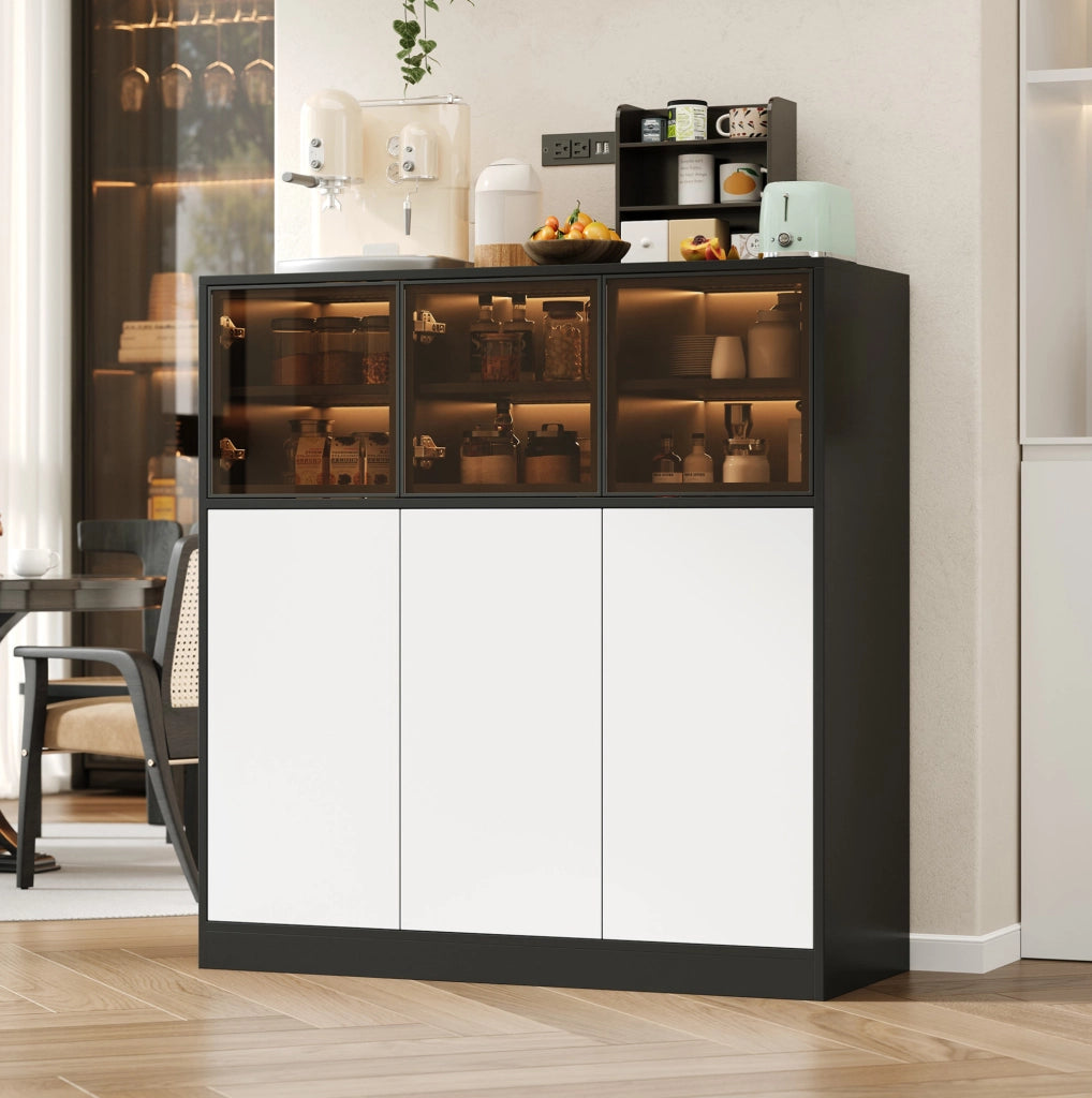 Mobile contenitore nero e bianco con 6 ante, 14 vani e illuminazione LED