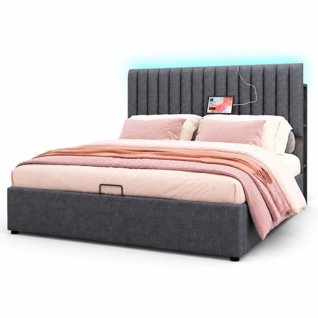 Letto matrimoniale imbottito con contenitore; testiera LED con USB e Type-C; grigio 160x200 cm