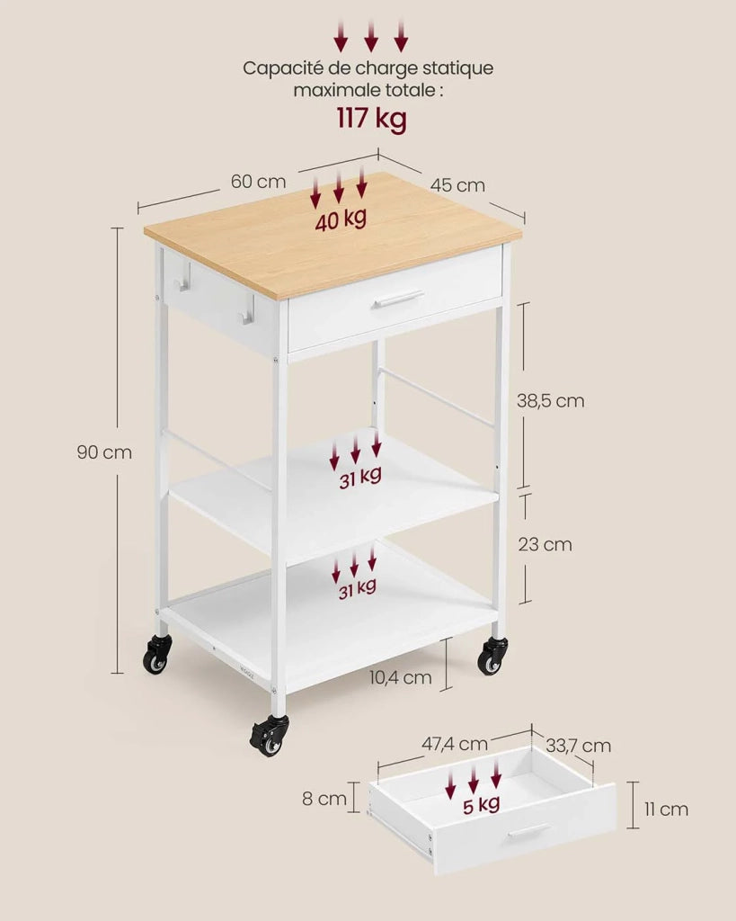 Carrello da cucina su ruote isola cucina mobile 45 x 60 x 90 cm con cassetto e 2 ganci per sala da pranzo bianco 12_0008027