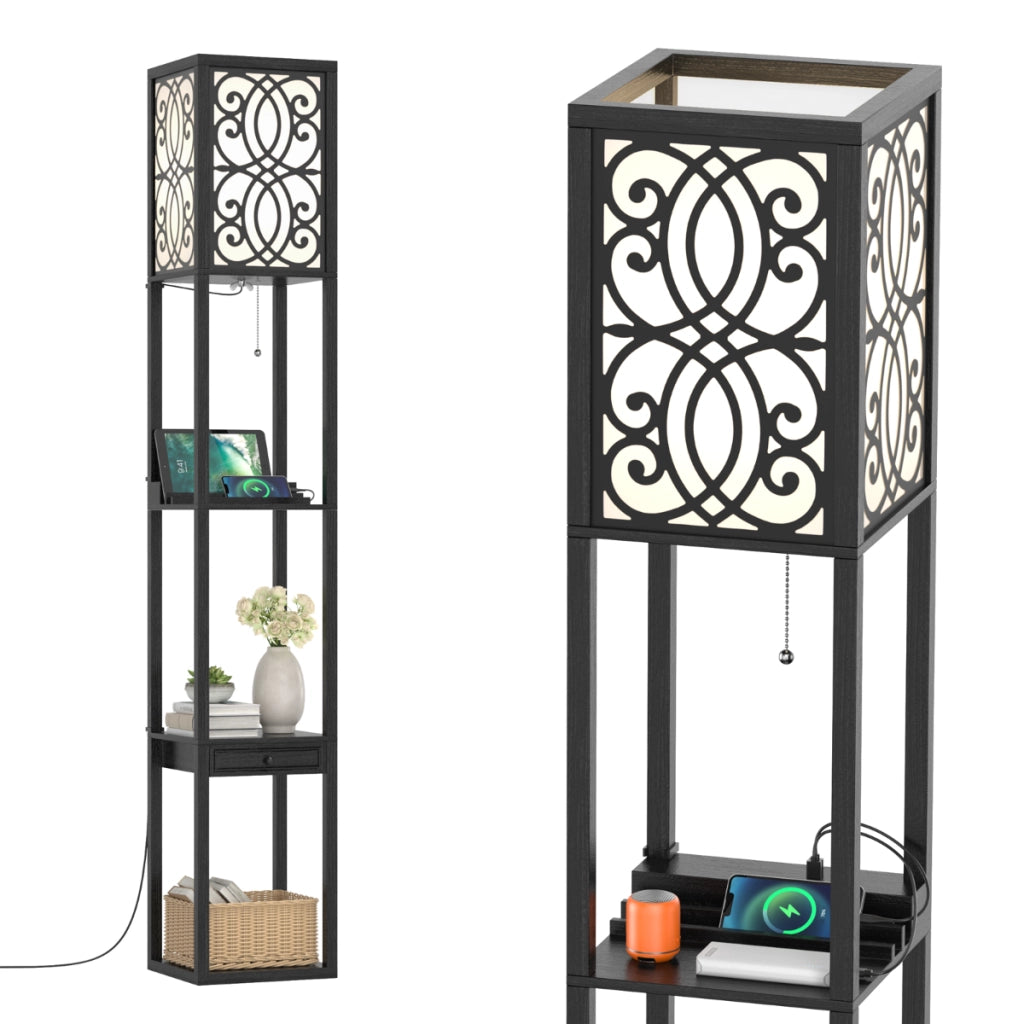 Lampada a stelo con ripiani e cassetto-MensoleLampada a piantana moderna con 1 presa elettrica 2 porte USB Nera