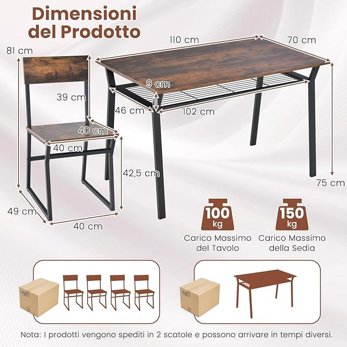 Set da Tavolo e Sedie da Pranzo, Tavolo da Pranzo con 4 Sedie Industriale, Set 5 Pezzi Mobili con Mensola Portaoggetti e Telaio in Metallo, per Cucina Sala da Pranzo, 110 x 70 cm (Marrone)