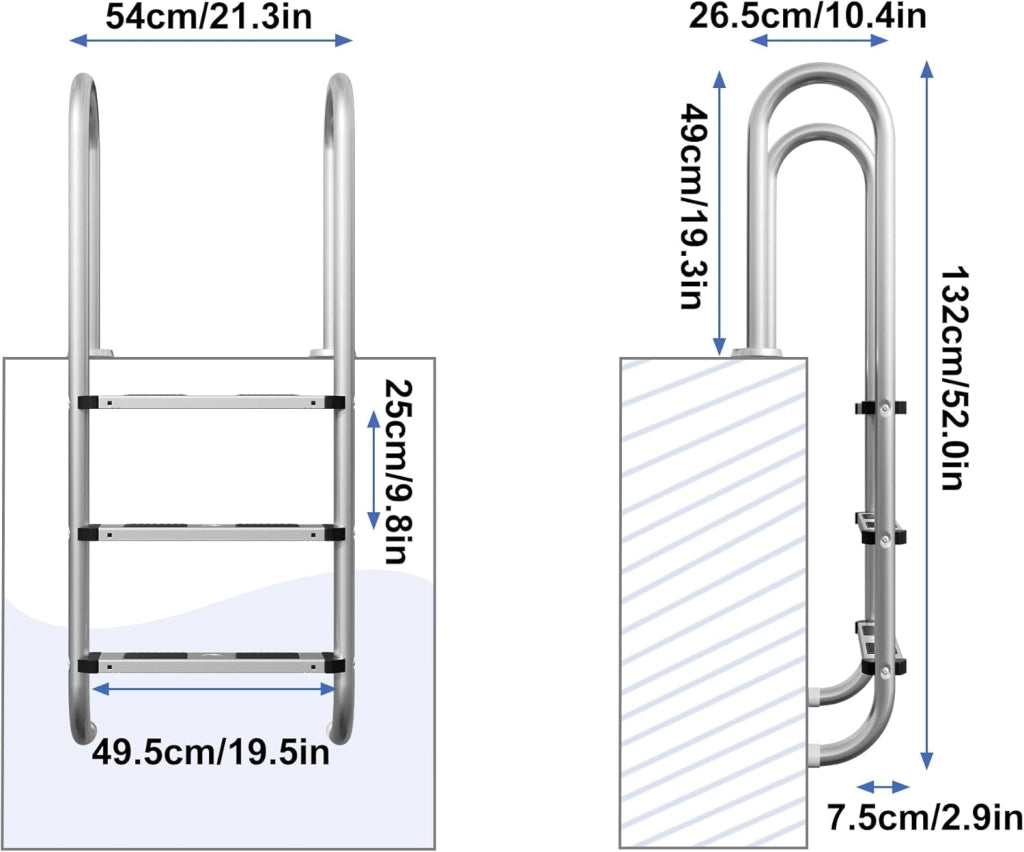 Scala per piscina in acciaio inox, 3 livelli, 132 cm, con cuscinetto antiscivolo e corrimano curvo, scaletta per piscina