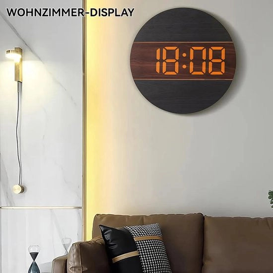 Cronografo digitale in legno con grande display LED, funzione di regolazione automatica della luminosità, funzionamento silenzioso, forma rotonda, visualizzazione 12/24 ore, fissaggio alla parete, presa, adatto per abitazioni, salotti e uffici.