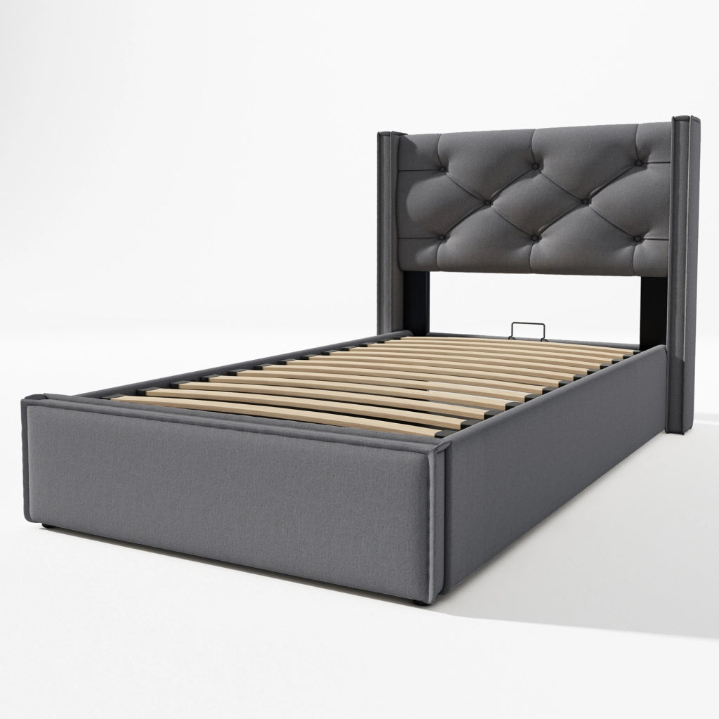 Letto contenitore singolo ULEVR 90x200 cm con sollevamento a cilindri e rete a doghe, cotone grigio