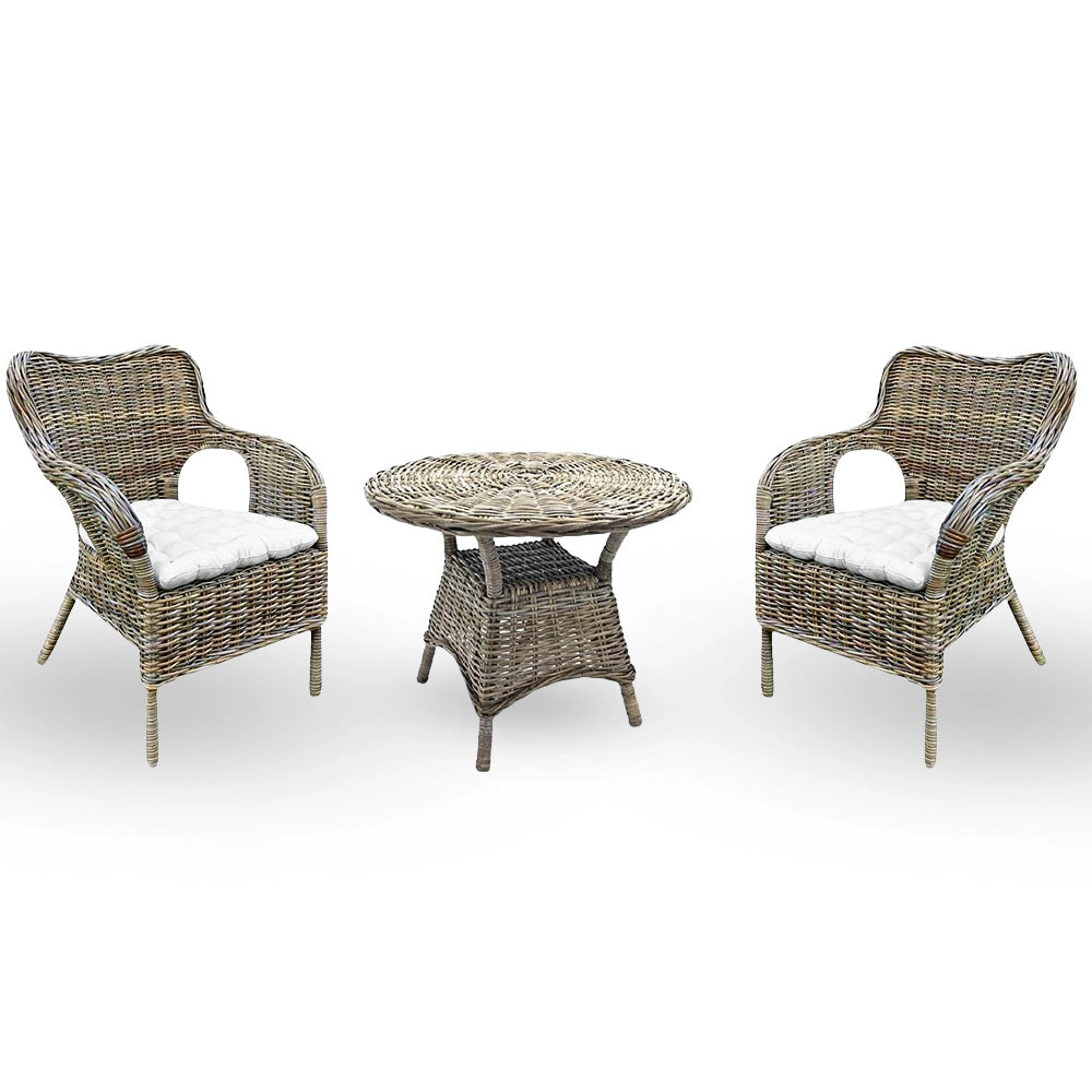 Set di 2 poltrone con 1 tavolino Kariba in rattan grigio con cuscini in omaggio