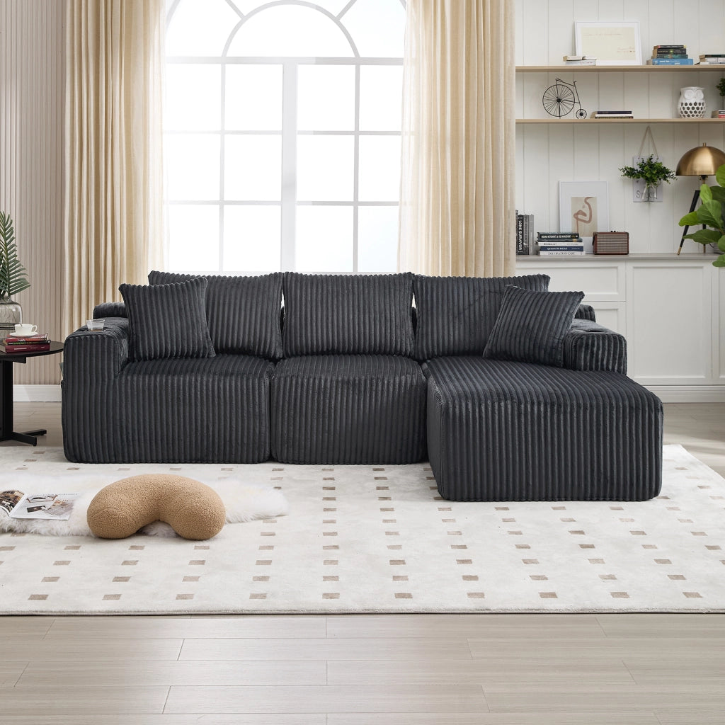 Divano modulare con chaise longue e 2 posti, rivestimento in corduroy grigio, 5 cuscini, tasche laterali e portabicchieri