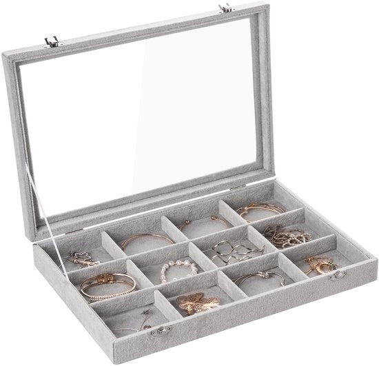 Organizzatore di gioielli in velluto 12 cassettoni Scatola di conservazione con coperchio trasparente Display per gioielli con chiusura Supporto per bracciali e collane per donne (grigio, 12 cassettoni)