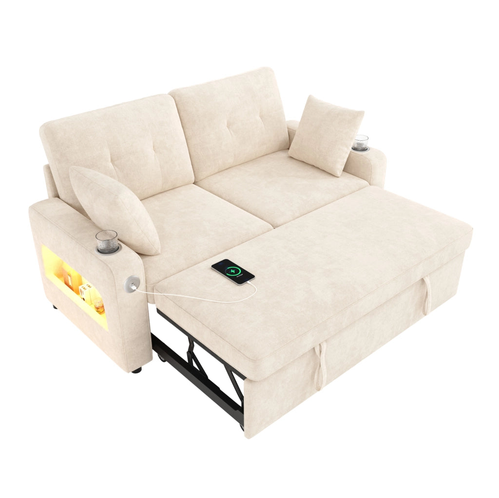Divano 2 posti trasformabile con letto; LED; USB Type-C; braccioli con vano portaoggetti; beige