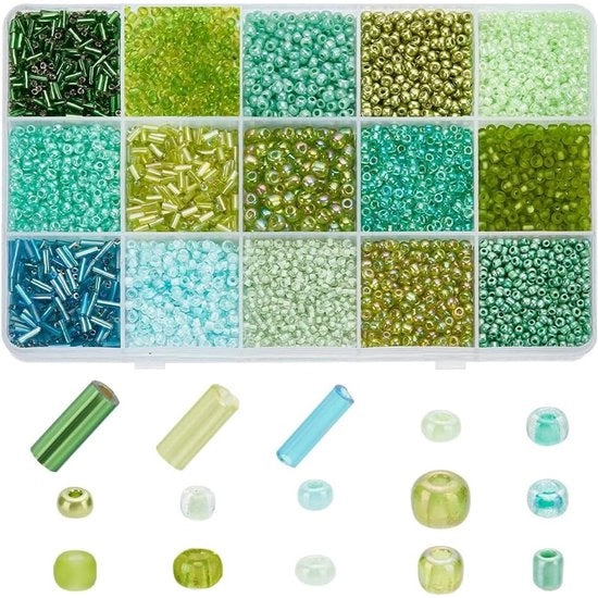 Set di Rocailles in Vetro 6178 Pezzi - Rocailles in Vetro Sferici 2-4 mm - Buisi di Kralen 4-6x2 mm - Serie Verde - Progetti Manufatti a Mano - Facili da Combinare