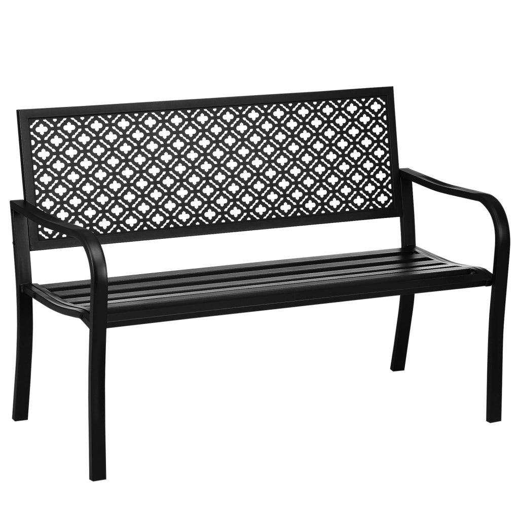 Panchina da giardino in acciaio nero con schienale e braccioli
