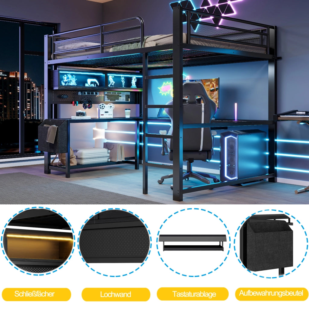 DESMIU Letto a soppalco 140 × 200 cm 2 posti con scrivania, LED, presa e USB, senza materasso, in MDF e metallo, nero