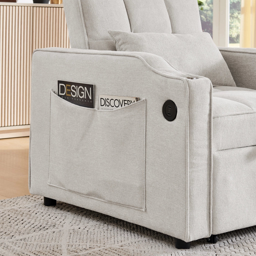 Poltrona letto convertibile con schienale regolabile a 3 posizioni e porte USB e USB-C in tessuto beige 190 × 85 × 86 cm