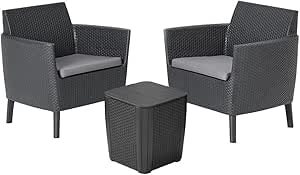 Set da Giardino 3 Pezzi in Rattan Sintetico con Cuscini e Tavolino Contenitore Colore Grafite Modello Salemo Balcony Keter