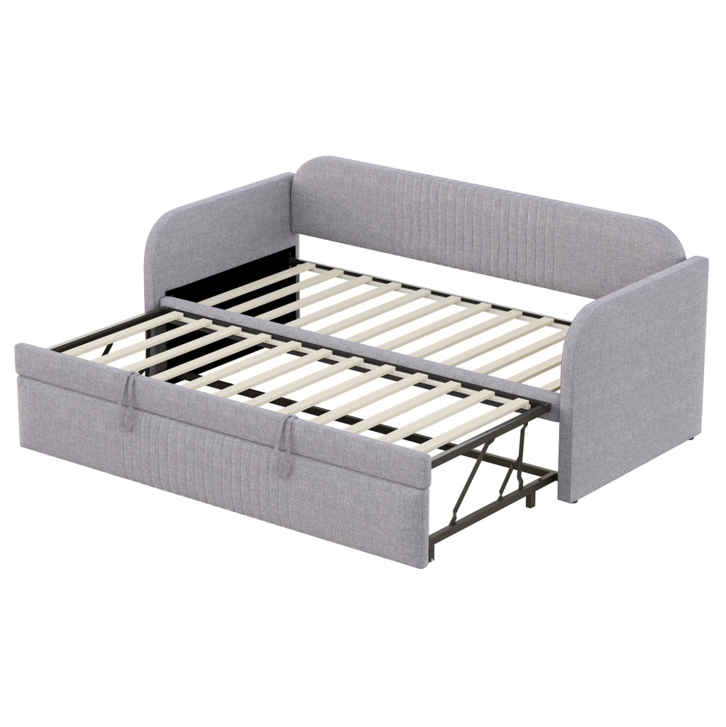 Divano letto imbottito estensibile 90/190 cm in tessuto effetto lino grigio chiaro