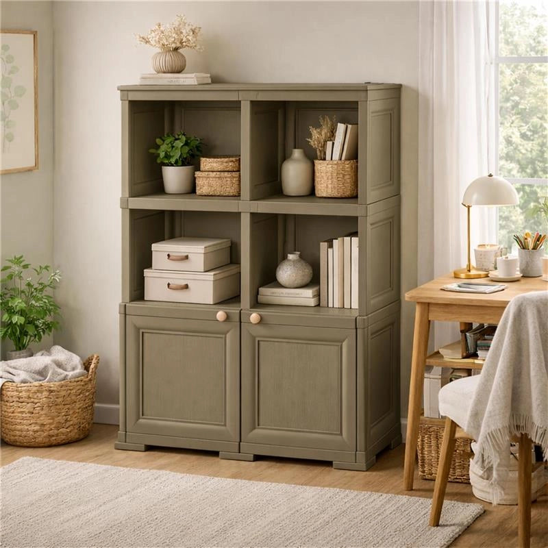 ARMADIO IN PLASTICA EFFETTO LEGNO CON 1 MODULO CHIUSO E 2 SCAFFALI APERTI – MOBILE CONTENITORE PER SALOTTO E BALCONE COPERTO