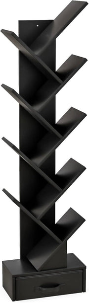 Libreria ad Albero, a 8 Ripiani, Scaffale per Libri con Cassetto Rimovibile, Design di Antiribaltamento, Organizzazione per CD, Riviste, Libri, 38x20x149,5 cm, 4 Colori (Nero)