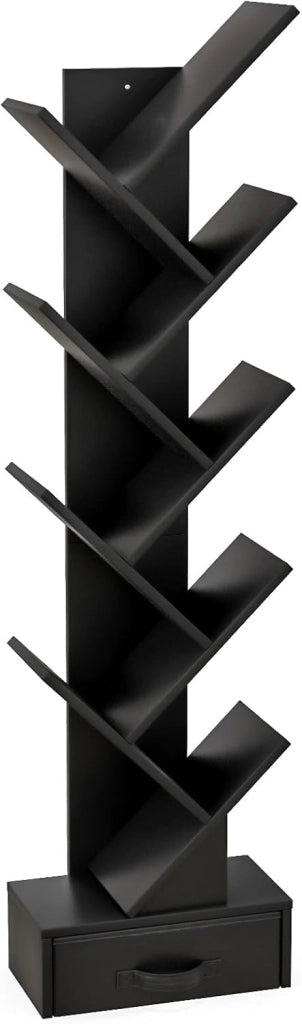 Libreria ad Albero, a 8 Ripiani, Scaffale per Libri con Cassetto Rimovibile, Design di Antiribaltamento, Organizzazione per CD, Riviste, Libri, 38x20x149,5 cm, 4 Colori (Nero)