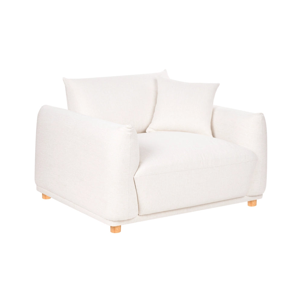 Set divano a 5 posti in tessuto bianco sporco con cuscini decorativi e poltrone con gambe in legno stile moderno