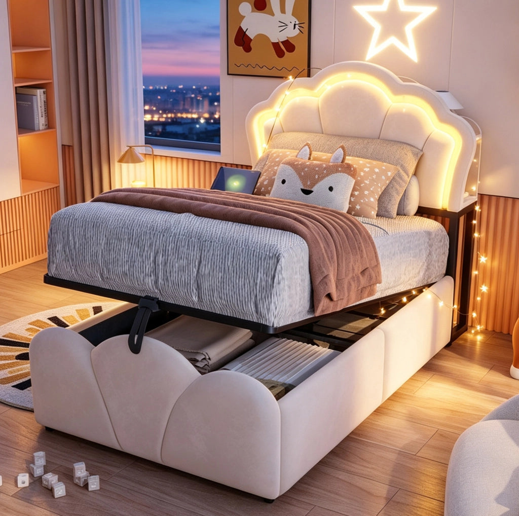 Letto imbottito beige 90x200 cm con contenitore idraulico, illuminazione LED e prese integrate