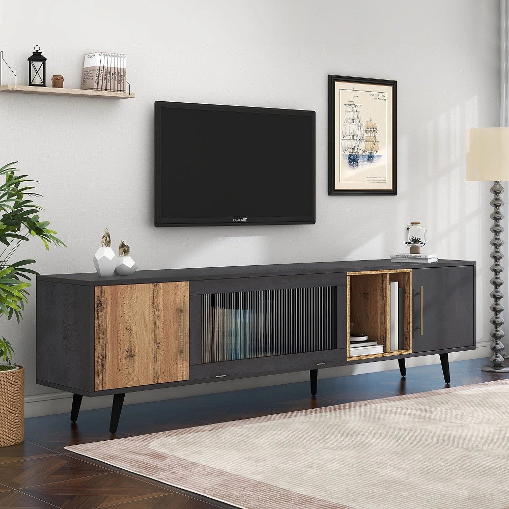 Meuble TV Commode - Xylo - Bois fonc?? veines naturelles, pour t??l??viseur 90 pouces, ??l??gant gris