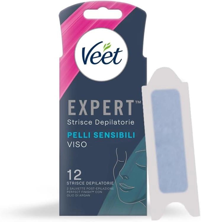 VEET EXPERT STRISCE DEPILATORIE VISO PER PELLI SENSIBILI 12 STRISCE (6X2 STRISCE) + 2 SALVIETTE POST-EPILAZIONE