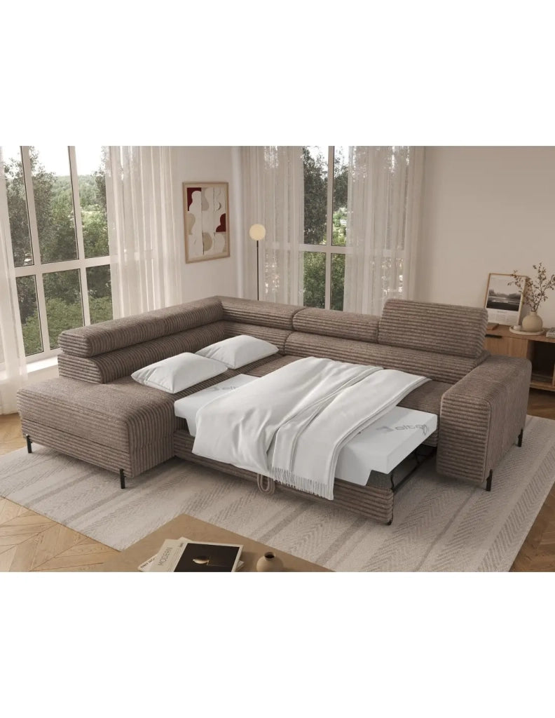 Divano ad angolo COLESIA convertibile 5 posti marrone chiaro velluto a coste – sinistra – 274x200cm