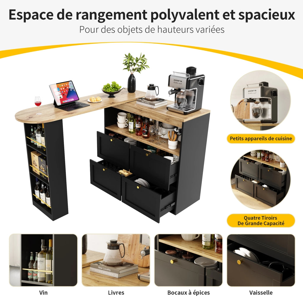 Scrivania Lineare con 4 Cassetti e Ripiani Aperti Girevoli a 360° per Studio e Soggiorno in MDF Nero 105 x 39 x 102 cm