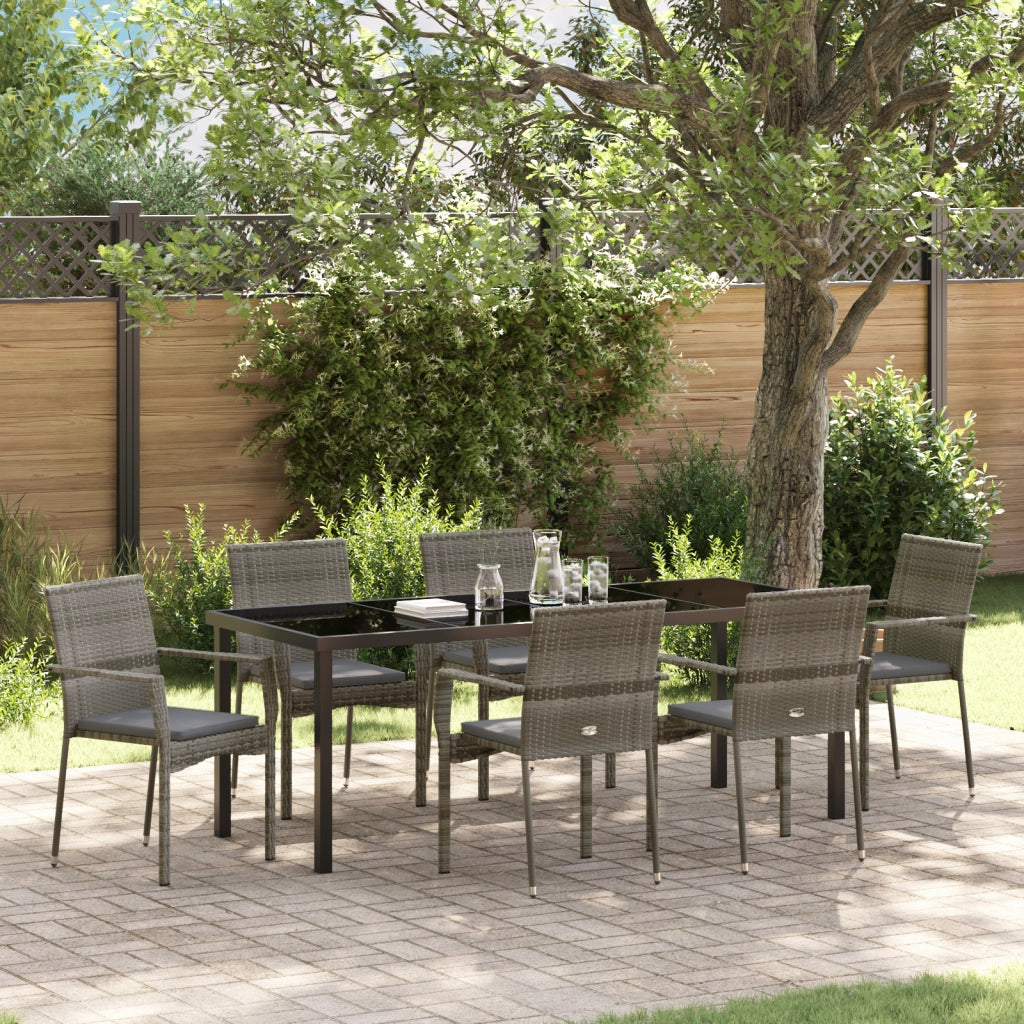 Set da Pranzo da Giardino 7 Pezzi con Cuscini Grigio Polirattan