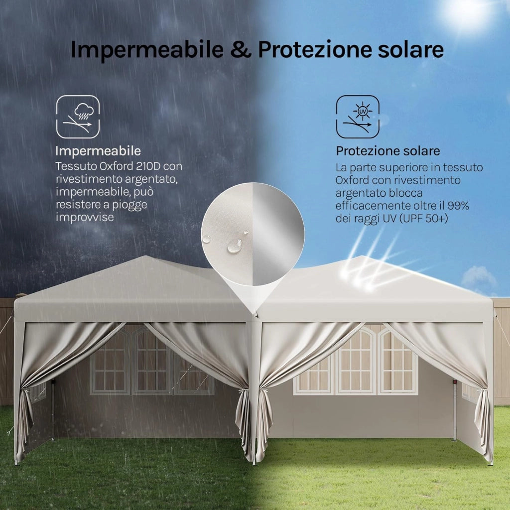 Gazebo Esterno Resistente 3x6 m, Tendone da Giardino con 6 Pareti Rimovibili, Sistema Pop-Up, Altezza Regolabile, Borsa da Trasporto, per Campeggio, Festa, Matrimonio, Beige