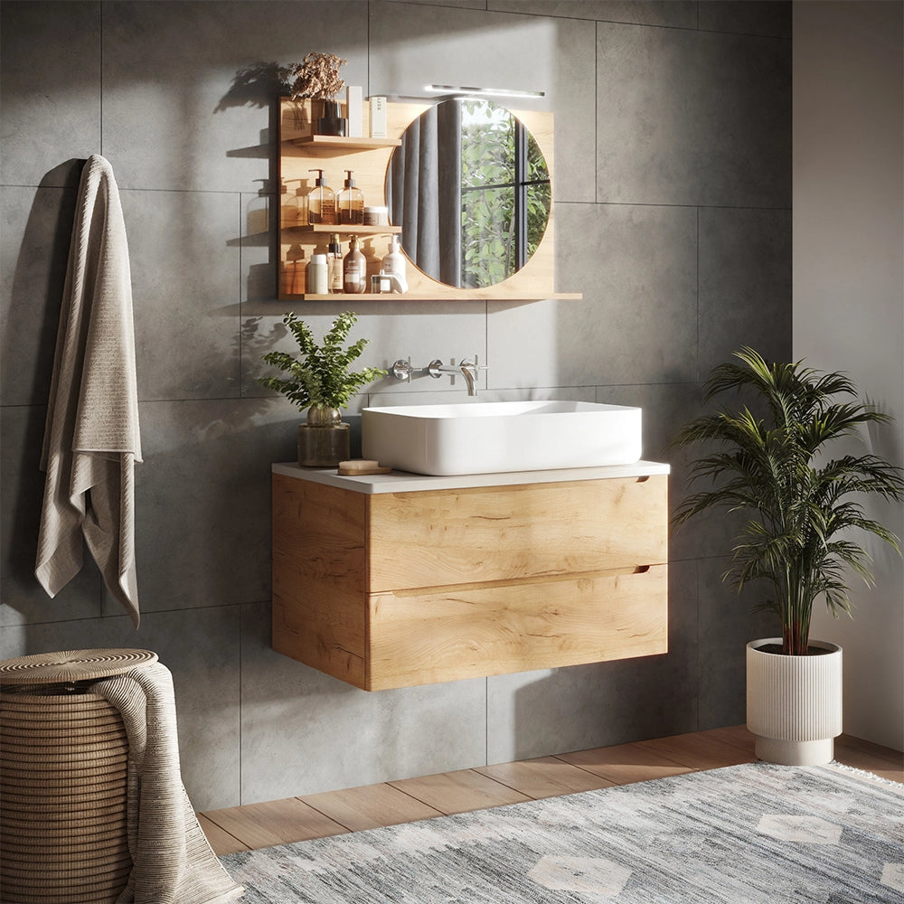Vicco Specchio con mensola Rovere 80 x 50 cm con 3 scomparti aperti