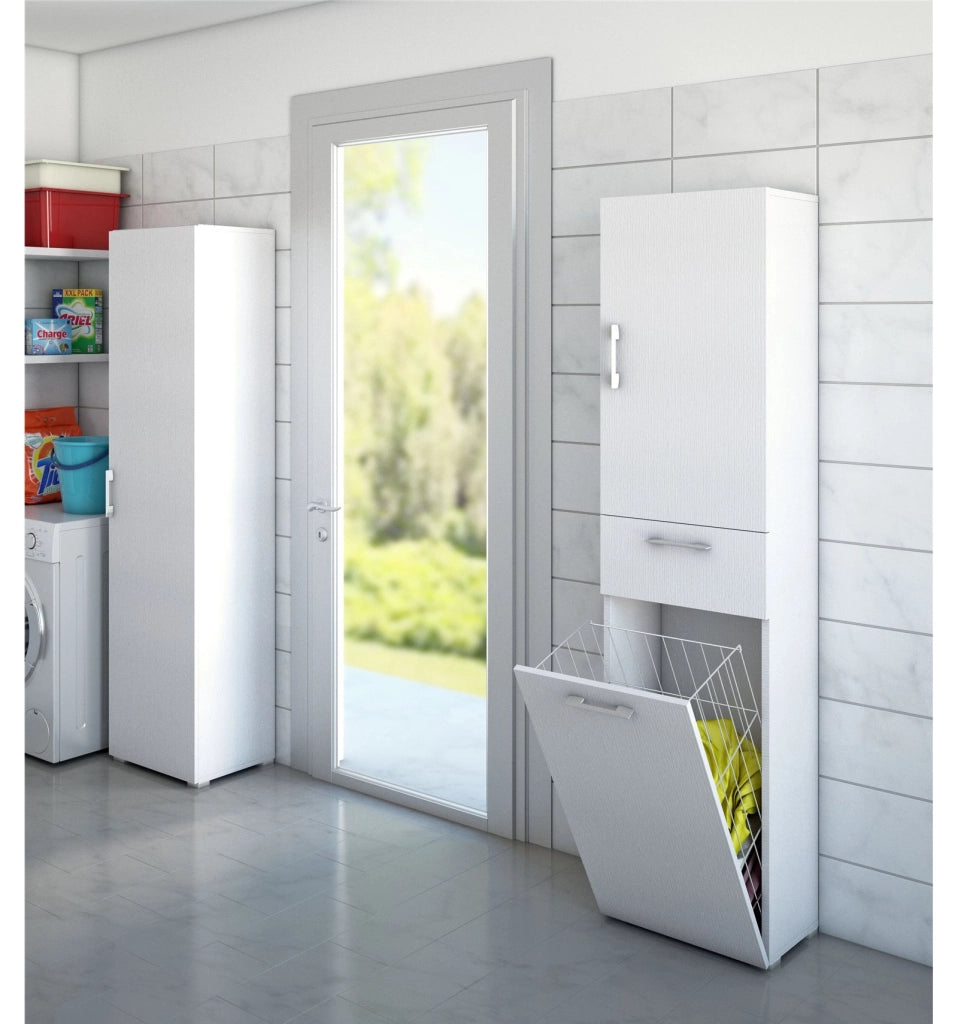 Mobile Multiuso Con Cestello Porta Biancheria e cassetto  bianco