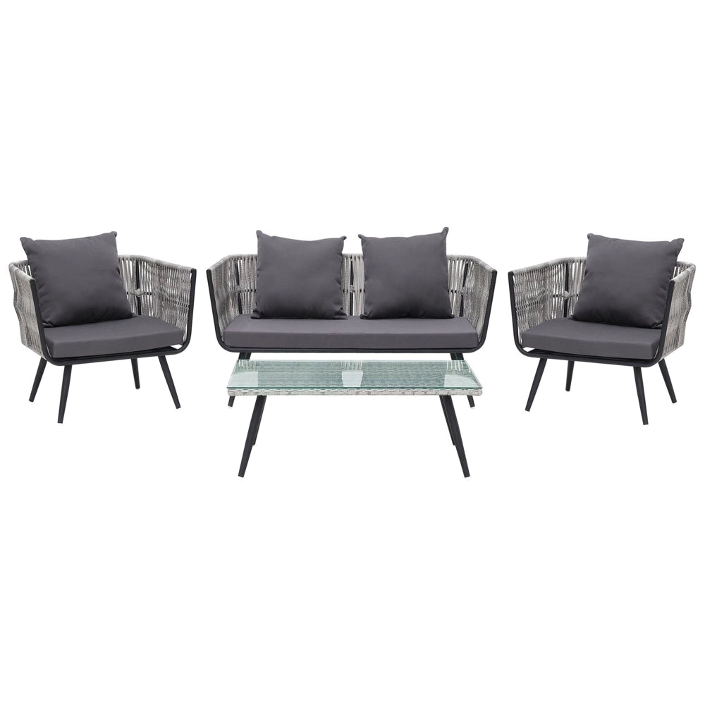 Set conversazione da giardino in rattan sintetico grigio da esterno a 4 posti con cuscini per tavolini
