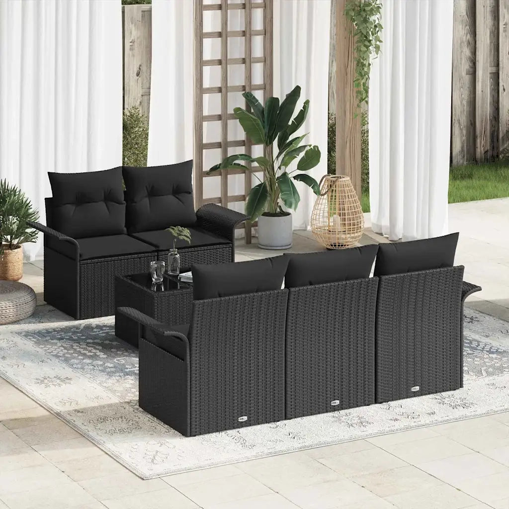 Set Divano da Giardino 6 pcs Nero Polyrattan, Acciaio e Vetro 3353912