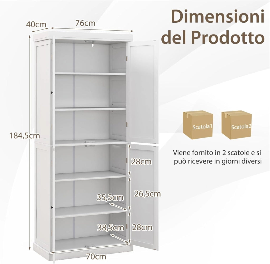 Credenza da Cucina, Mobile da Cucina Moderno con 6 Ripiani, 2 Ripiani Regolabili, per Cucina, Sala da Pranzo e Soggiorno, 76 x 40 x 184,5 cm (Bianco)