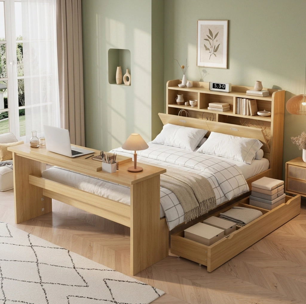 Letto multifunzione in legno 140x200 cm con contenitore e tavolo pieghevole