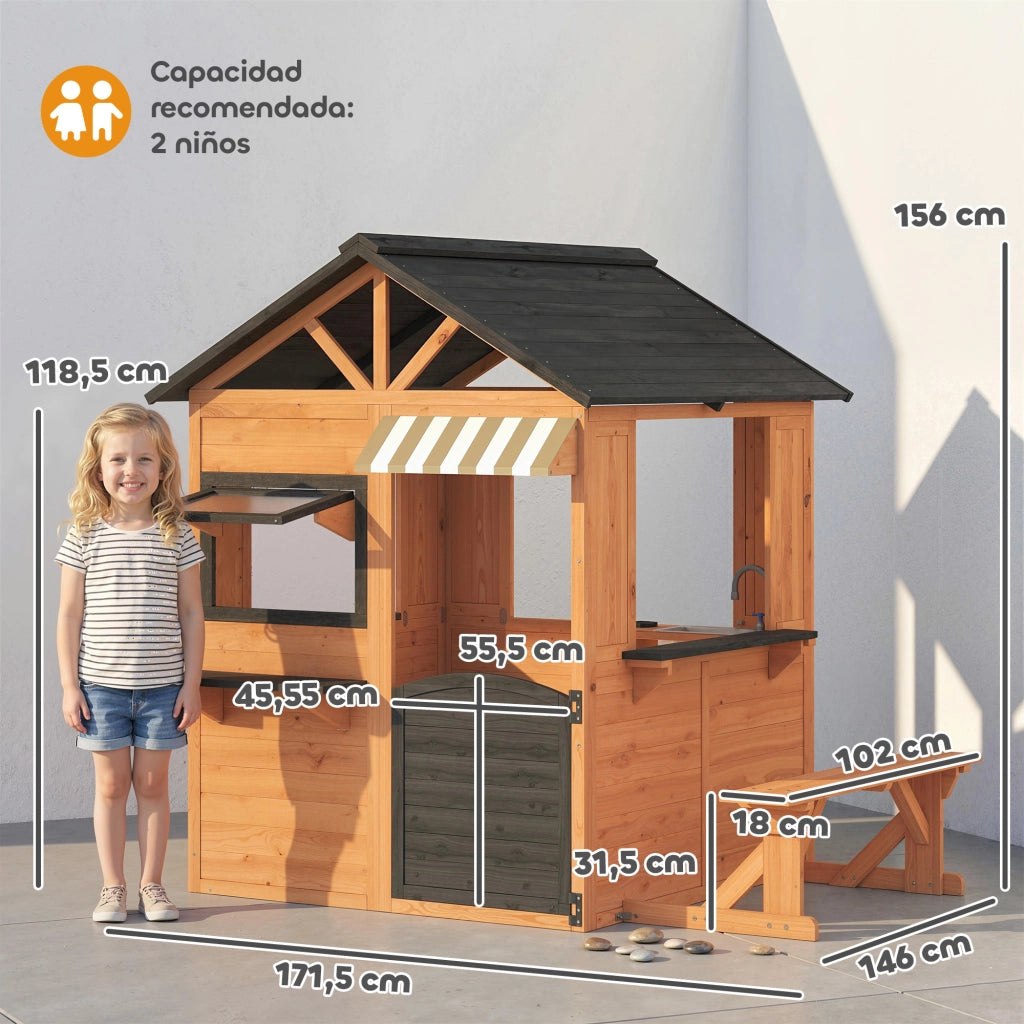 Casetta bambini in legno con cucina giocattolo e panchina ¨C zephmum ¨C marrone