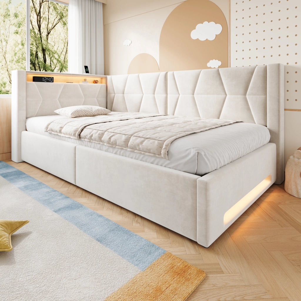 LETTO imbottito contenitore 90x200 cm in velluto beige con LED, USB e Type-C