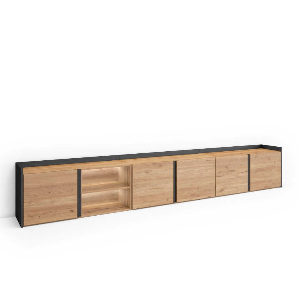 Mobile TV Soggiorno, 309x50x35 cm, Per TV fino a 80", LED, Rovere e nero