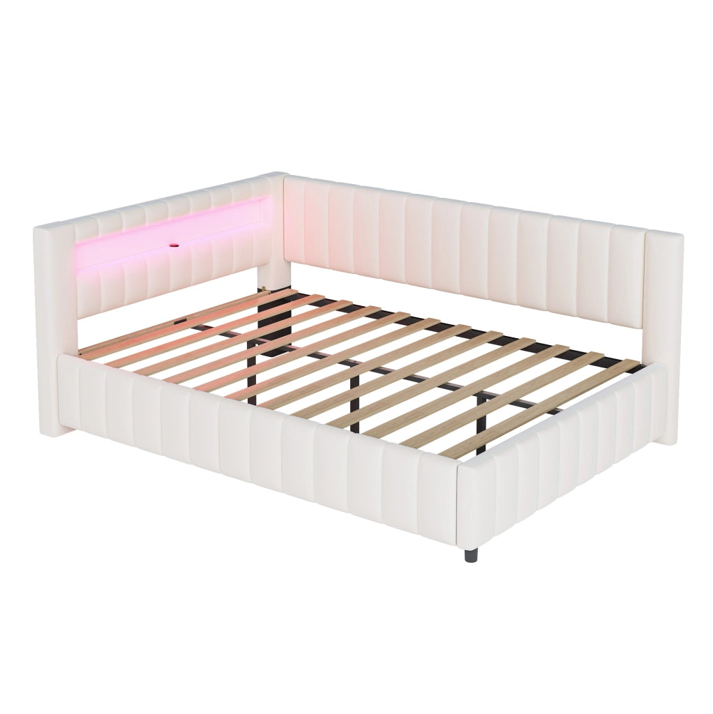 Divano letto 140x200 cm; LED e USB; velluto beige (Senza materasso)