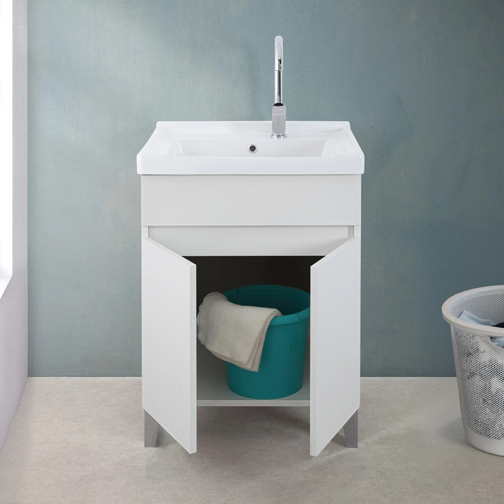 Mobile lavatoio 60x46,8 cm bianco frassinato con vasca in ceramica bianca