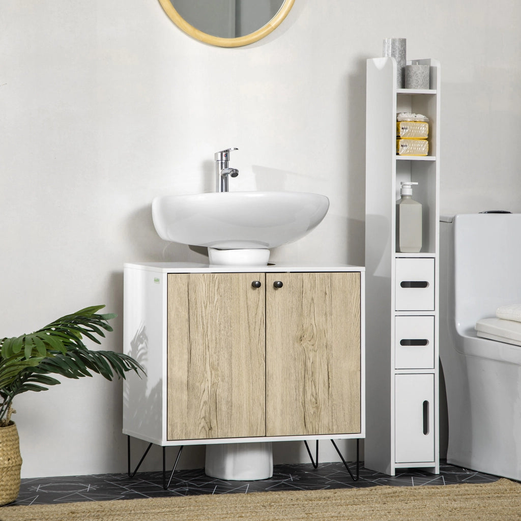 Mobile Sottolavabo Bagno con 2 Ante e Piedi Acciaio ¨C zephmum ¨C Bianco e Legno 60x30x60 cm