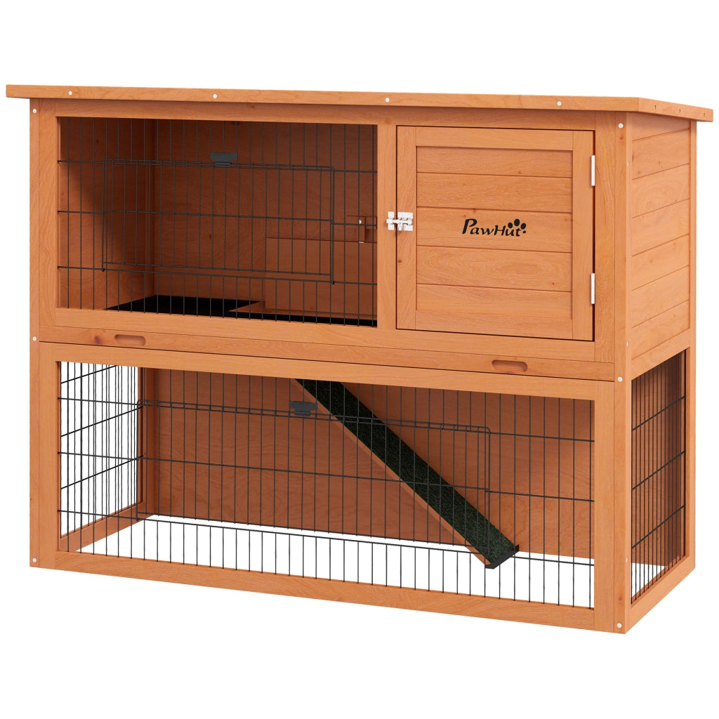 Gabbia per Conigli in Legno Antisettico a 2 Piani con Recinto ¨C zephmum ¨C Arancione 92cm
