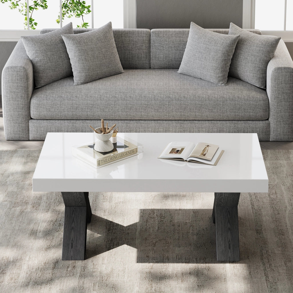 Tavolino basso rettangolare con piano lucido e gambe a X, per soggiorno, in MDF, bianco e nero, 100 × 50 × 40 cm