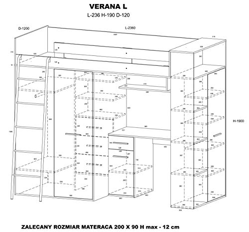 MOBILE LETTO SOPPALCO SCALETTA BAMBINI VERANA L cm H190x120x236 ROVERE GIALLO