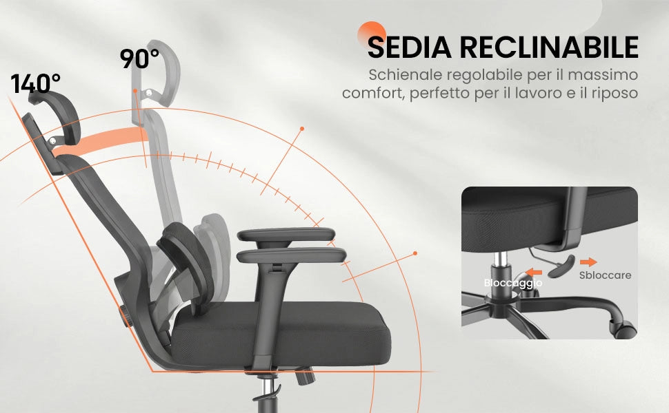 Sedia da ufficio ergonomica con supporto lombare regolabile, braccioli ribaltabili, base girevole per il gaming e portata massima di 150 kg.
