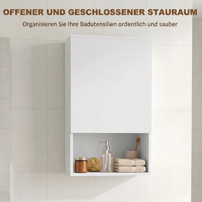 Mobile bagno sospeso bianco con anta, ripiani regolabili e vano aperto