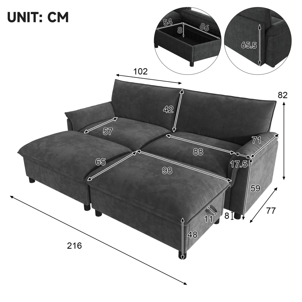 Divano in ciniglia grigio con pouf contenitore trasformabile 216 cm