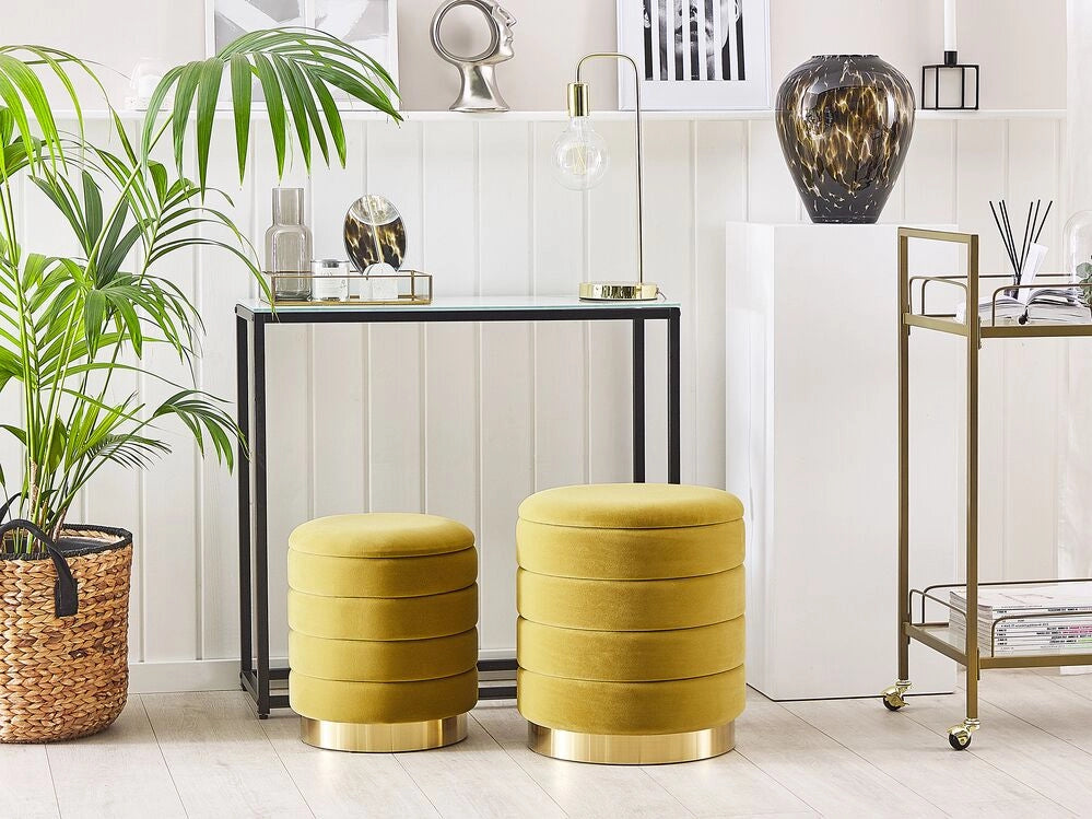 Set di 2 pouf contenitori con rivestimento in velluto di poliestere giallo rivestimento in acciaio inossidabile dorato design moderno