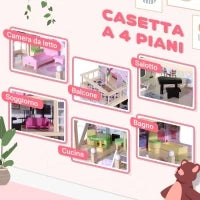 Casa delle Bambole per Bambini 3+ Anni in Legno di Pino e MDF a 4 Piani con 13 Accessori, Rosa, 60x30x80 cm